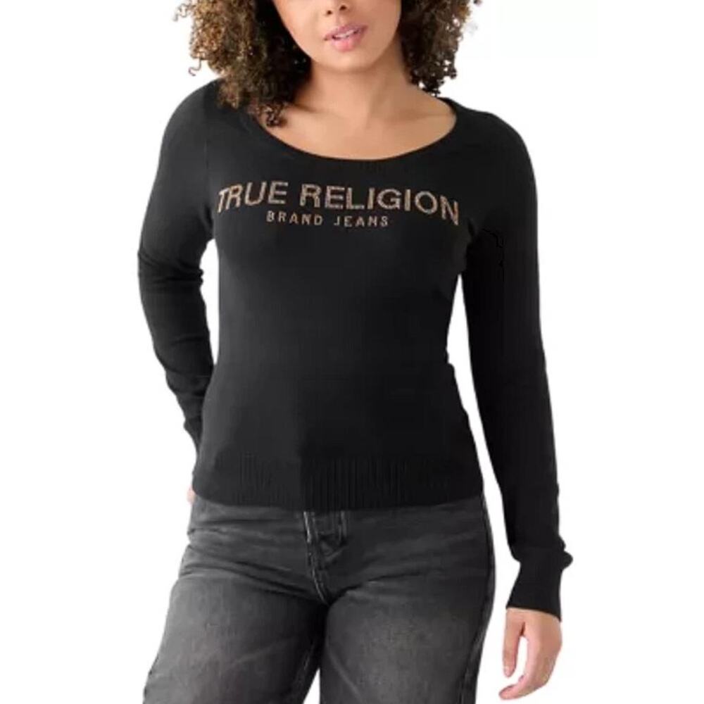 TRUE RELIGION Women's Crystal Logo Sweater Size M In Jet Black